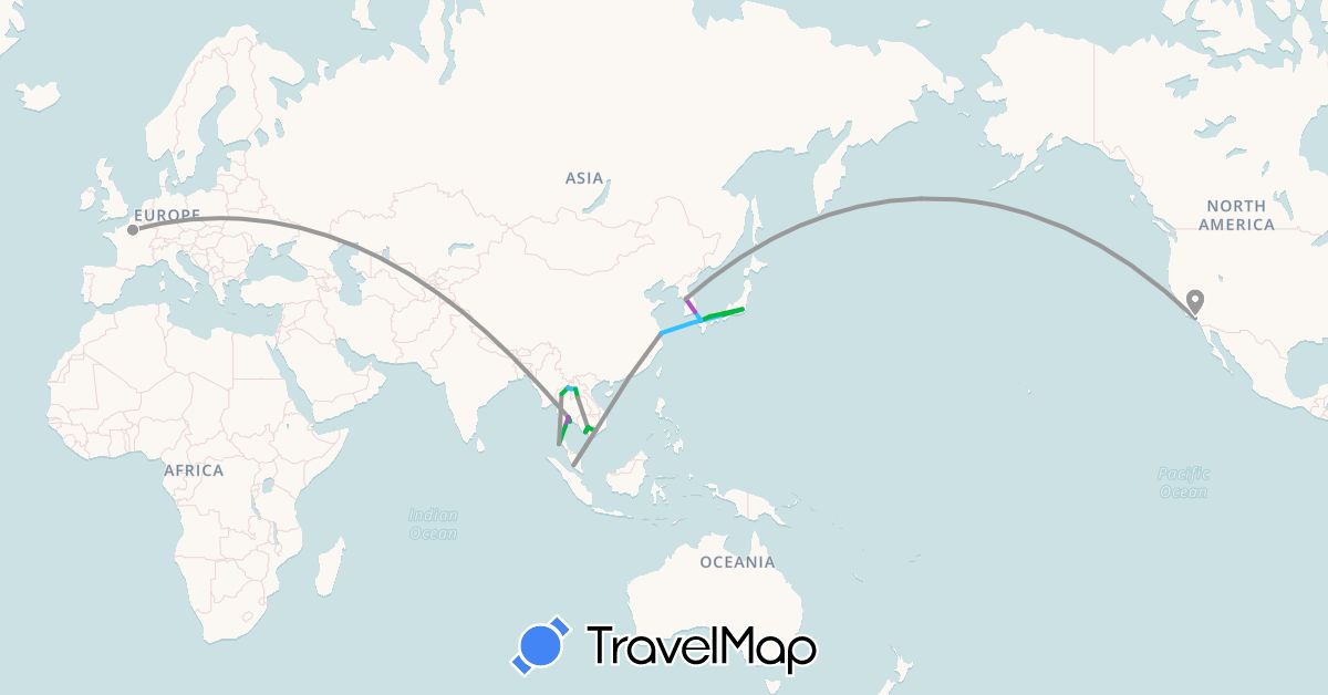 TravelMap itinerary: driving, bus, plane, train, boat in China, France, Hong Kong, Japan, Cambodia, South Korea, Laos, Malaysia, Thailand, United States, Vietnam (Asia, Europe, North America)